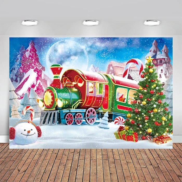 Winter Christmas Train Backdrop Cartoon Xmas Snow Pine Tree Background Fairy Tale Kids Baby Shower Railway Wonderland Party