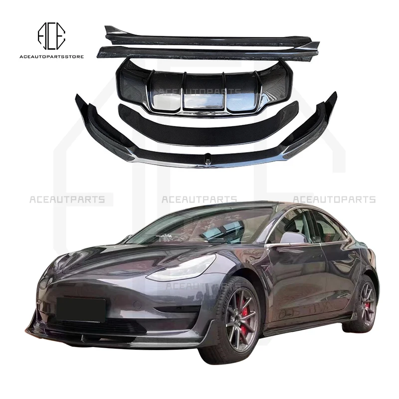 

Передняя губа из настоящего углеродного волокна, задний диффузор, бампер, спойлер, боковая юбка для тела, комплект для Tesla модели 3 2019 2020 2021 2022...
