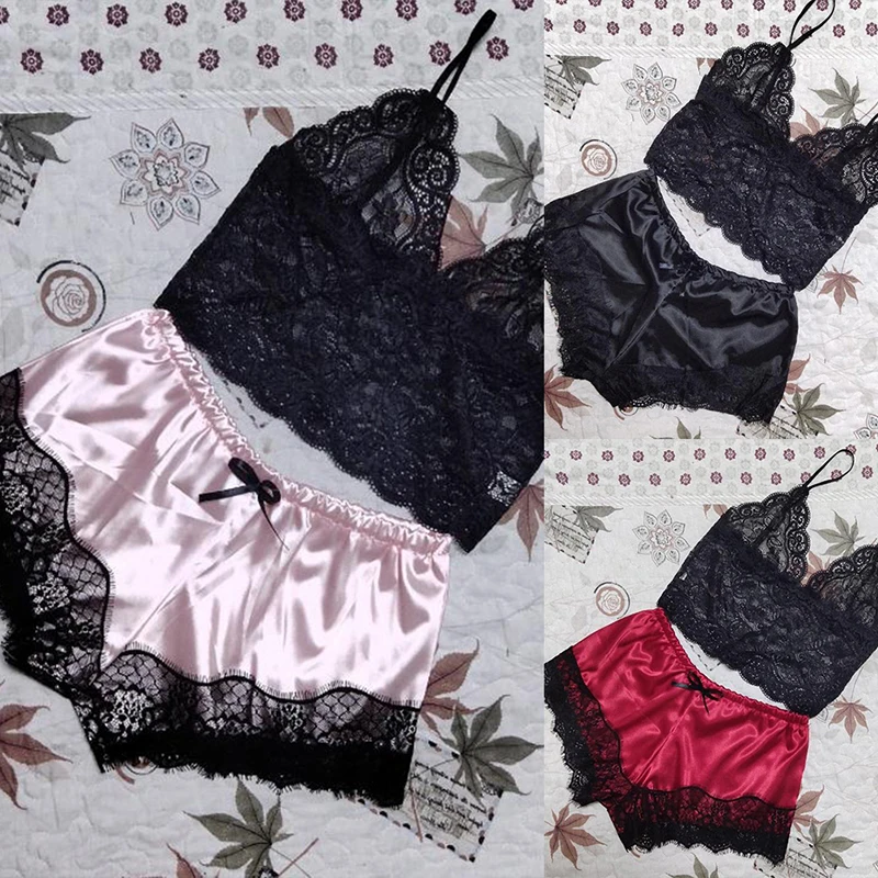 

Women Sexy Satin Lingerie Underwear Sets Nightwear Sleepwear Silk Strap Solid Color Lace Sets