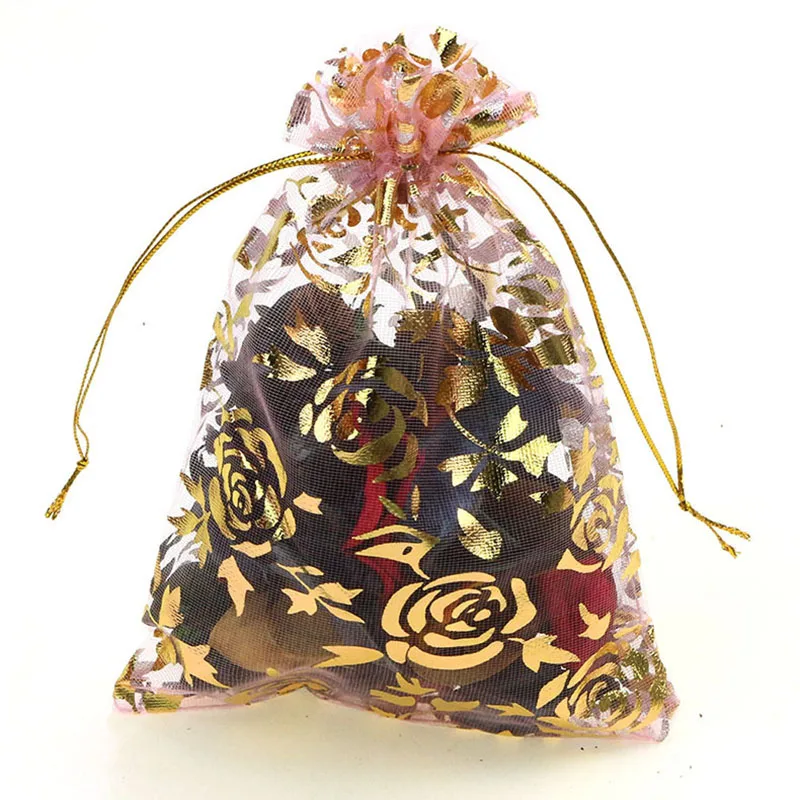 pink gold rose 100 шт./лот 7X9 см X 9 см X 12 см 11X16 см 13X18 см золотое любовное сердце роза свадебная сумочка из органзы из тонкой прозрачной ткани, подарок на Рождество, спальные мешки для упаковки ювелирных изделий - Цвет: pink gold rose