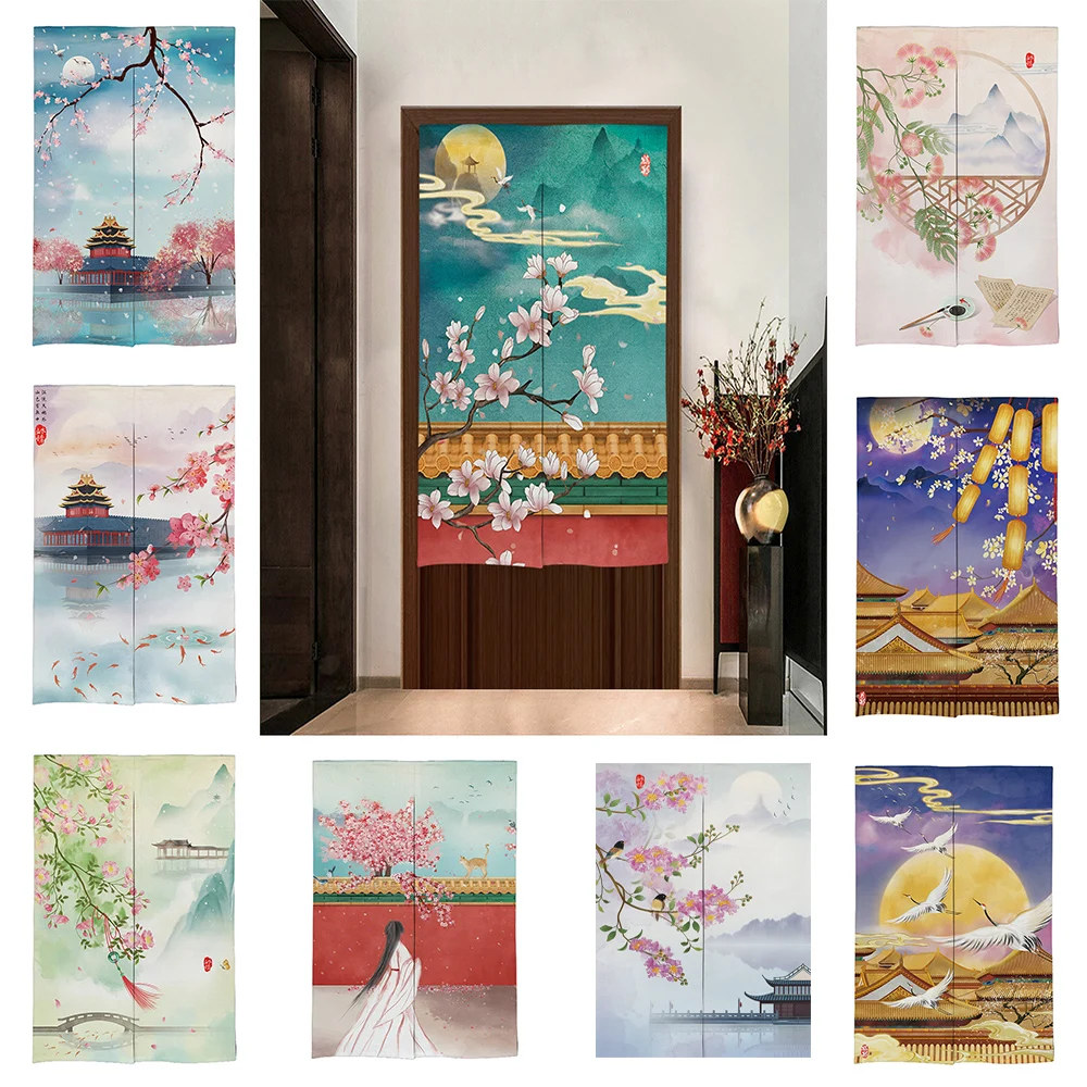 

Китайская занавеска на дверь с принтом цветущей сливы, подвесная полузанавеска для кухни, спальни, входа, занавески для двери