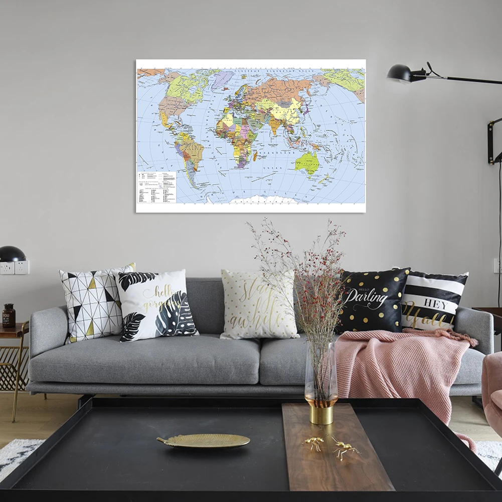 

90*60cm Map of The World In Russian Spray Canvas Painting Wall Art Poster Children School Supplies Living Room Home Decor
