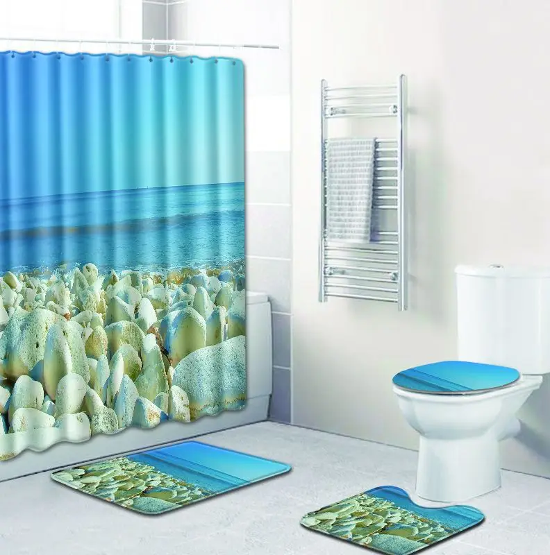 

Zeegle Stone Printed Bath Mat Set Toilet Pedestal Rug Foot Mat Washable Toilet Seat Cover Waterproof Bathroom Curtain Toilet Set