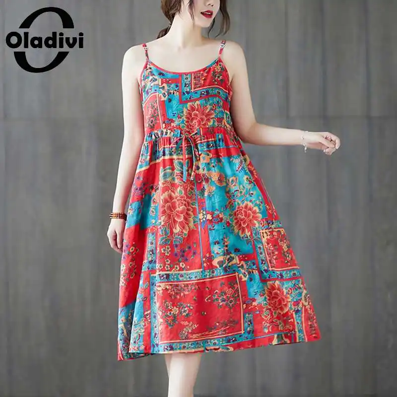 

Женский сарафан в полоску Oladivi, повседневное свободное платье-майка из хлопка и льна без рукавов с цветочным принтом, летние Базовые платья-...