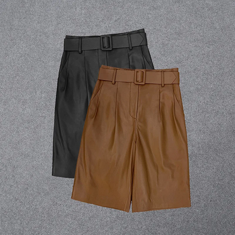 

Зима 2020 осень шикарные женские высококачественные короткие брюки с поясом из натуральной овечьей кожи C156