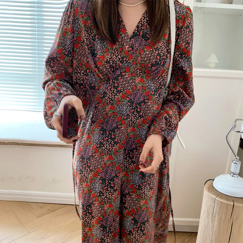 

Женское винтажное платье-трапеция Wavsiyier, свободное элегантное платье с цветочным принтом, длинным рукавом, в Корейском стиле, весна-Зима 2021