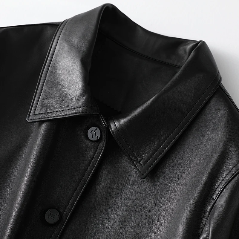 

Leather OL Style Real Jacket Women Fashion Single Breasted Sheepskin Short Coat Streetwear Black Casual Office Jacket Outerwear