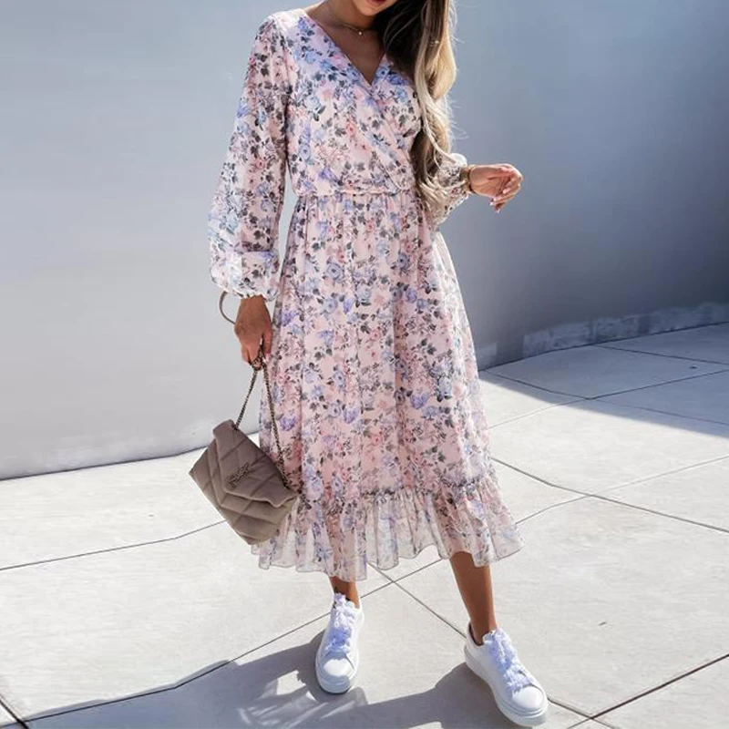 

Spring Autumn V Neck Flroal Print Casual Long Sleeve Ruffle Maxi Dress Loose Office Lady Long Dress Party Dress