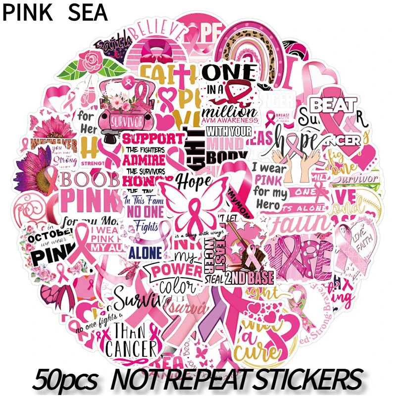 10/30/50Pcs/set Pink Ribbon Cartoon Prevention Sign Graffiti Mix Stickers For Diy Luggage Case Skateboard Laptop Phone Kids