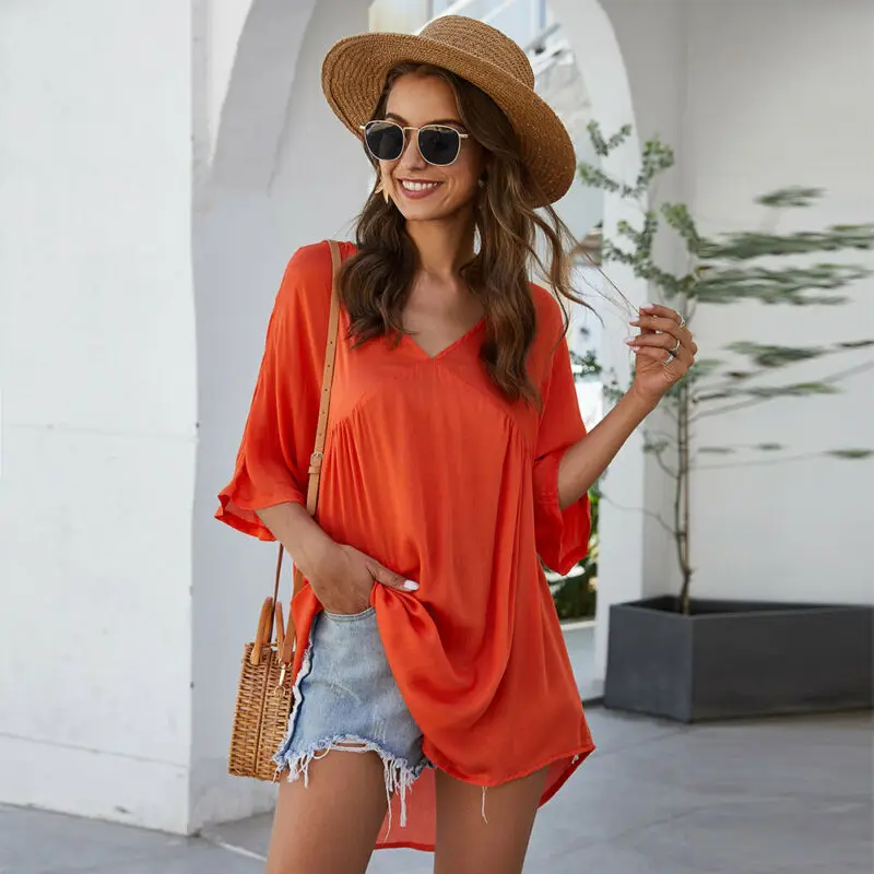 

Summer Womens Solid Color Loose Tee Shirt Cover-Ups Female Ladies Beach Loose Jumper V Neck Blouse Holiday Beach Tops Cover-Ups