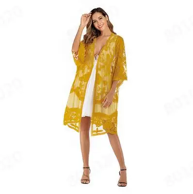Women Loose Tunic Long Sleeve Beach Dress Lace See Through Swim Cover Up Bikini Pareo Bathing Suit trajes de baño pareos cape | Женская