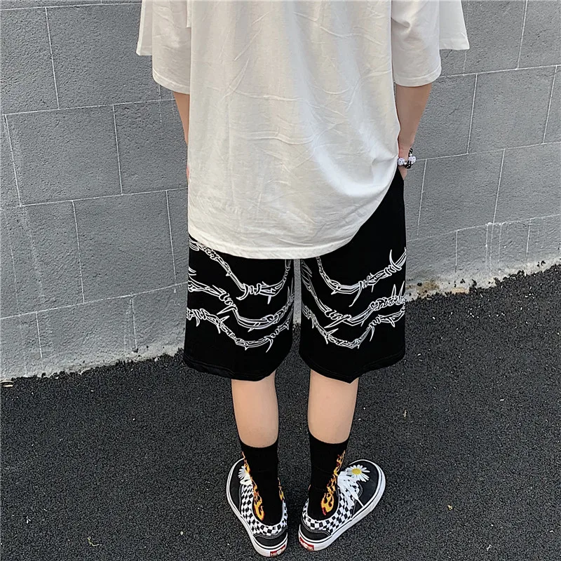 

Harajuku streetwear iron chain pattern jogger shorts women men Summer loose elastic waist Hip hop skateboard shorts
