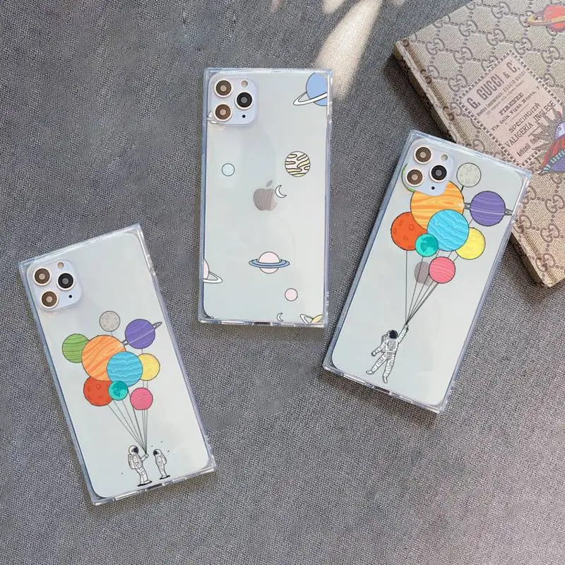 

Astronaut Space UFO Stars cute Phone Case For iPhone 7 8 11 12 X XS XR MINI Pro Max Plus Clear Square Transparent
