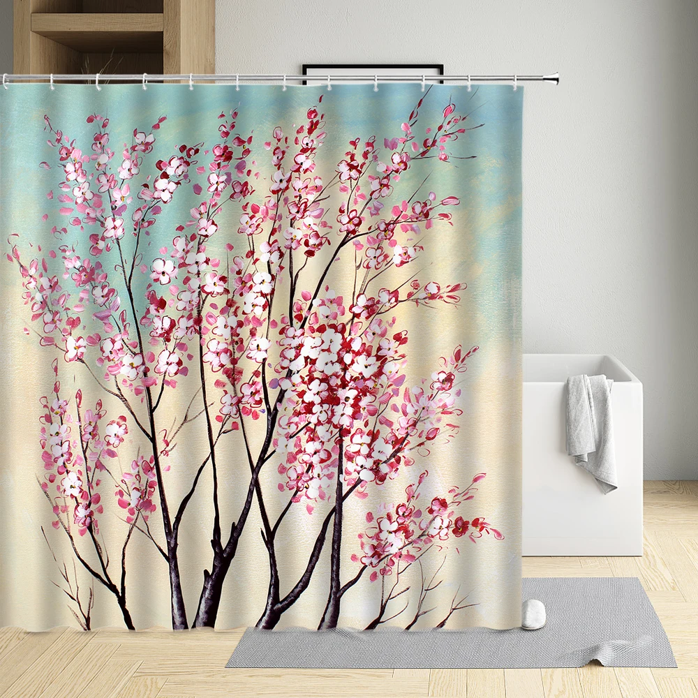 

Oil Painting Rose Flower Plum Blossom Butterfly Waterproof Cloth Curtain Bathtub Decor Bath Screen With Hooks