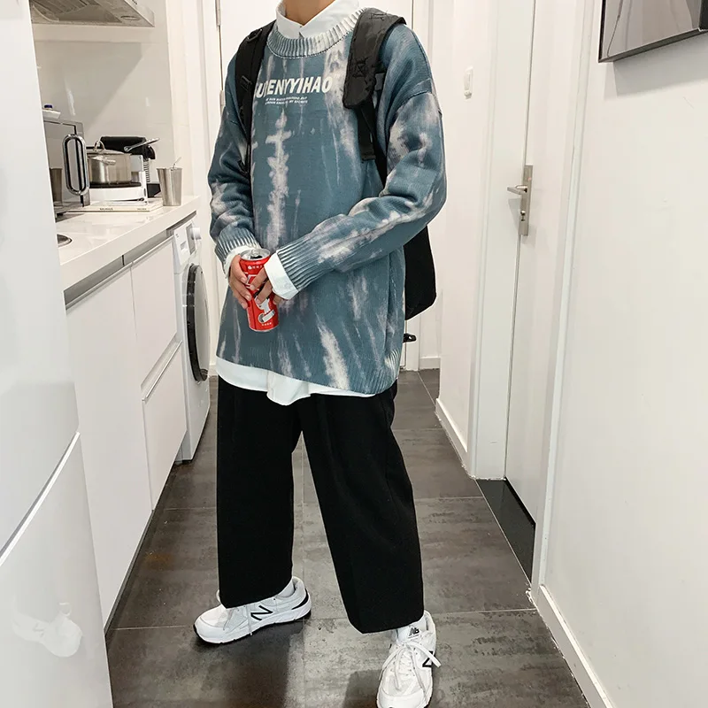 

Men Pullovers Tie-dye Sweater O-neck Couple Ins Designed Letter Winter Thick Knit Jumpers Loose Casual Streetwear Harajuku Cloth