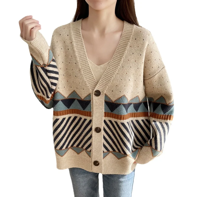 

BEAUTANA Cardigan Sweater 2021 Autumn Vintage Patchwork Women Loose Knit Crochet Coat Top Korean Fashion Aesthetic Jersey Jacket