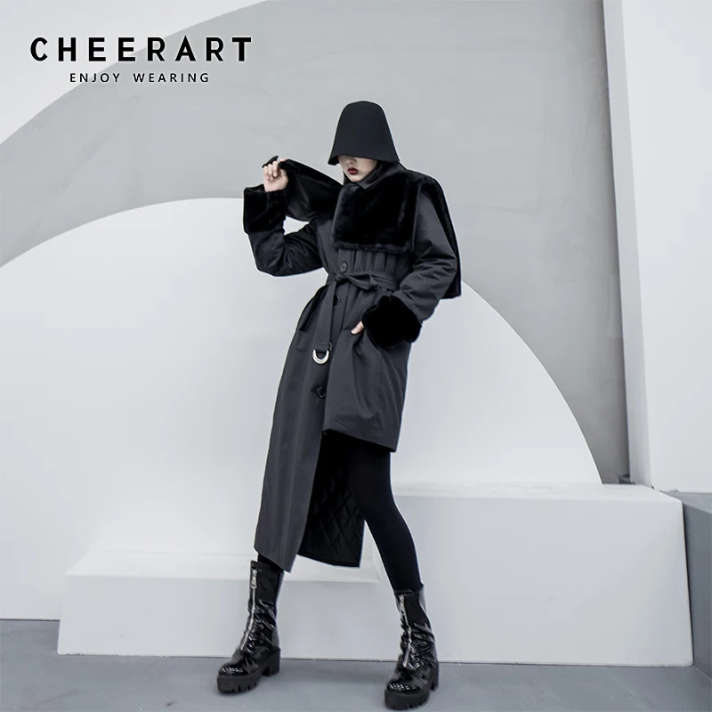 CHEERART Асимметричная стеганая куртка Женская парка со шнуровкой и меховым