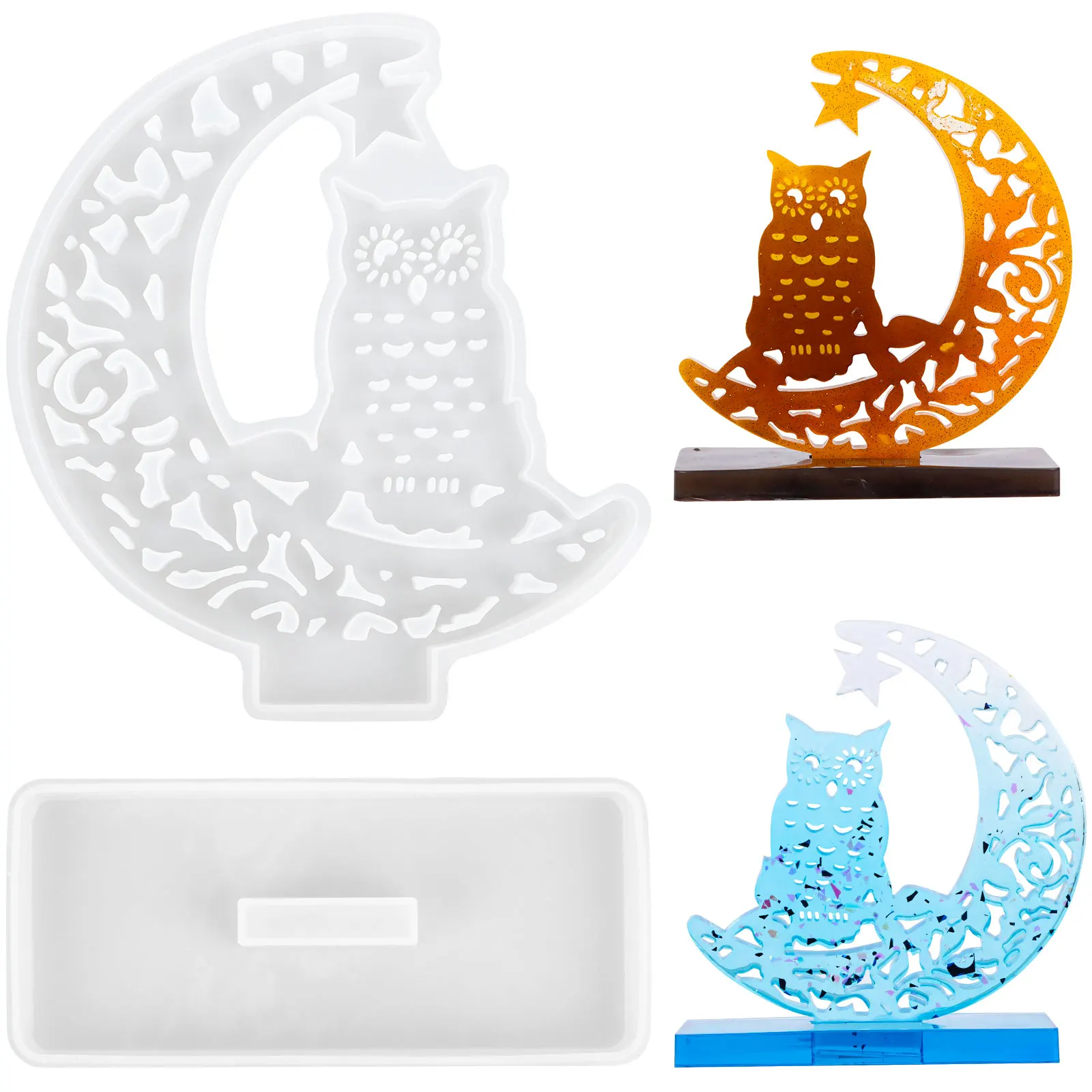2 Pieces Silicone Resin Molds Owl Moon Resin Mold Display Board Silicone Mold M