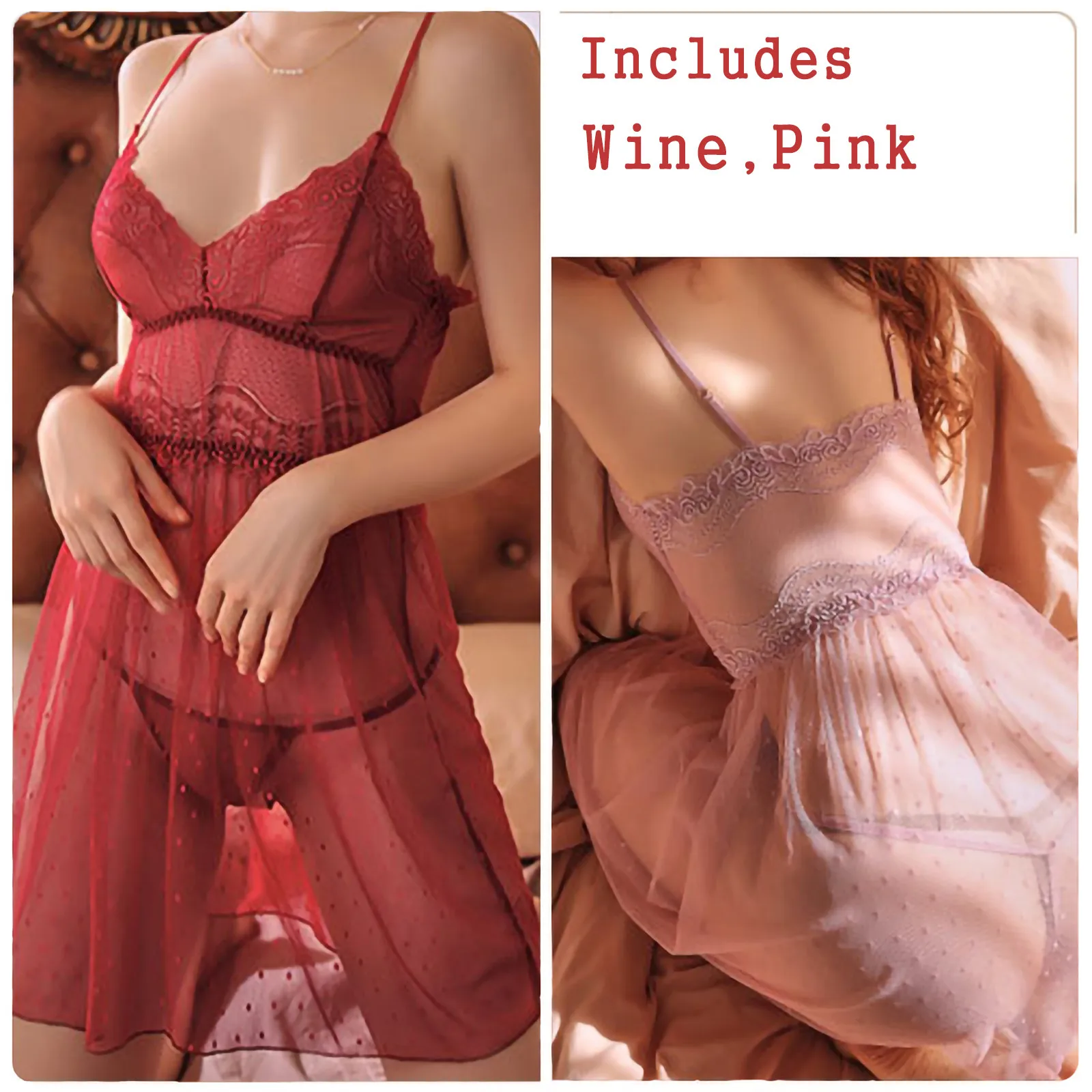 

pyjamas pour femmes Women's Deep V Sexy Mesh Lace Perspective Suspender Nightdress Home Two Piece Set pizama dla kobiet