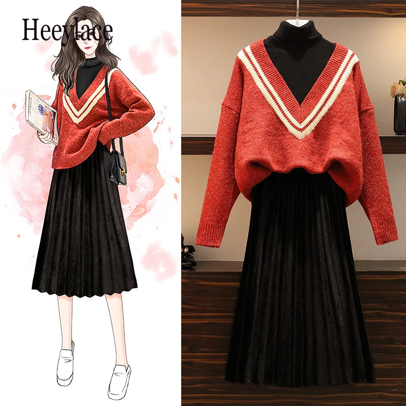 Осенне-зимний комплект из двух предметов размера плюс повседневная водолазка