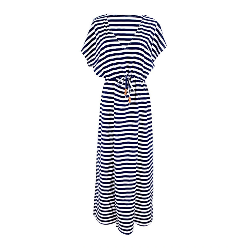 

Stripe Print Deep V Neck Beach Dress Boho Chiffon Tie Belt Maxi Dress Large Size Beachwear Bikini Cover Ups Robe De Plage Saida