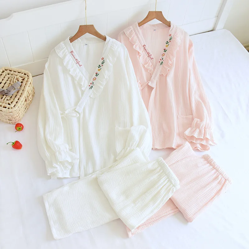 

Kimono Style Pajamas Set Pink White Colors Women Cotton Autumn and Winter Ladies Thin Cardigan Long-sleeved Trousers Suits