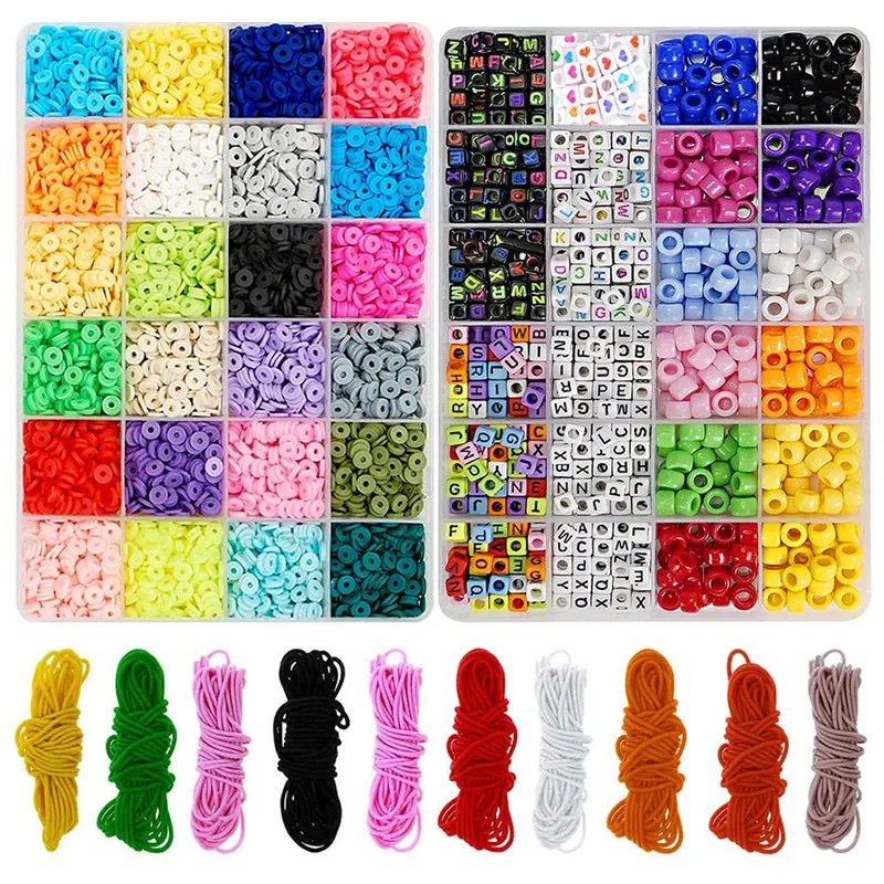 Clay Heishi Beads for Bracelets, 4800 Pcs Flat Round Clay Spacer Beads with Letter Beads and Pony Beads Elastic String