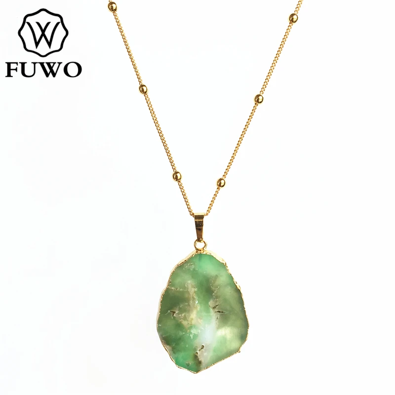 FUWO натуральный Chrysoprase свободная форма подвески ожерелье с золотыми отделанными