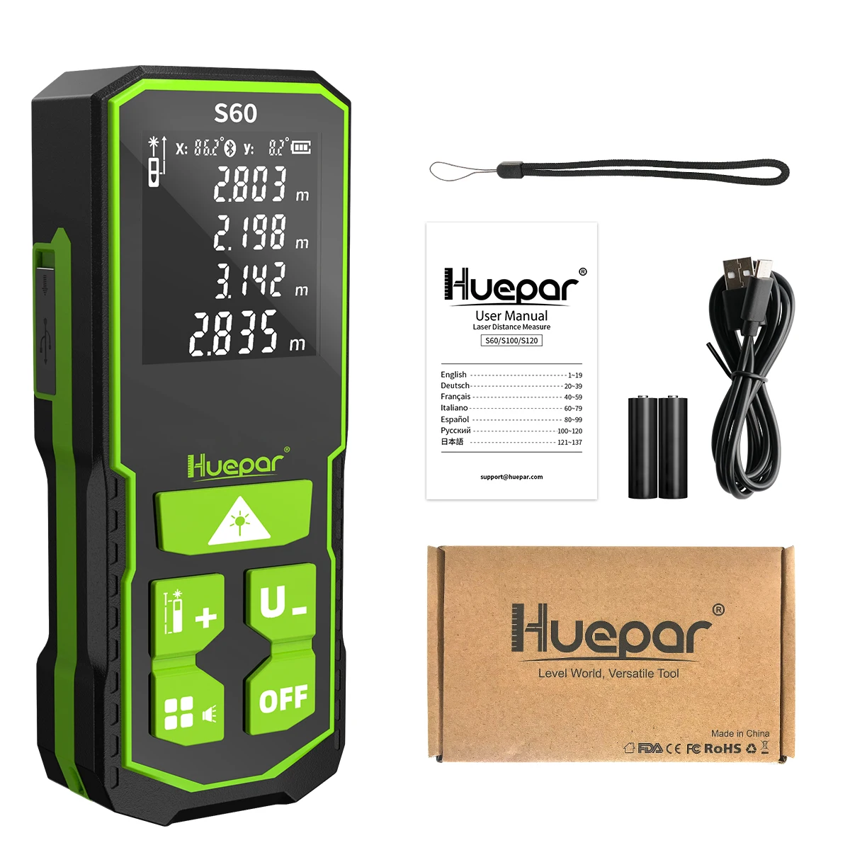 Лазерный дальномер Huepar 60M электронная линейка LCD цифровой измеритель расстояний Trena Metro Measuring Tape Ruler Test Tool.