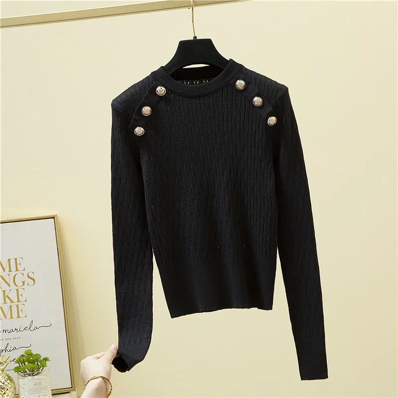 

Женский вязаный пуловер на пуговицах, черный или белый базовый свитер с длинным рукавом, осень 2021