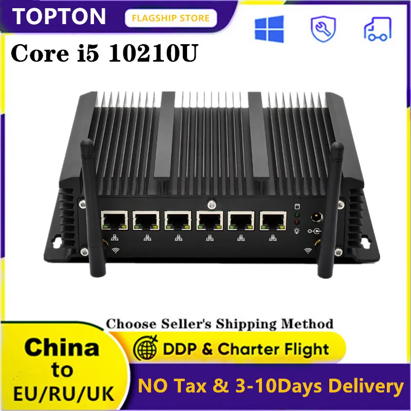 

Topton безвентиляторный мини-ПК Intel Core i5 10210U 6 LAN i211AT Gigabit Ethernet AES-NI 4 * USB3.0 COM маршрутизатор брандмауэра pfSense компьютер