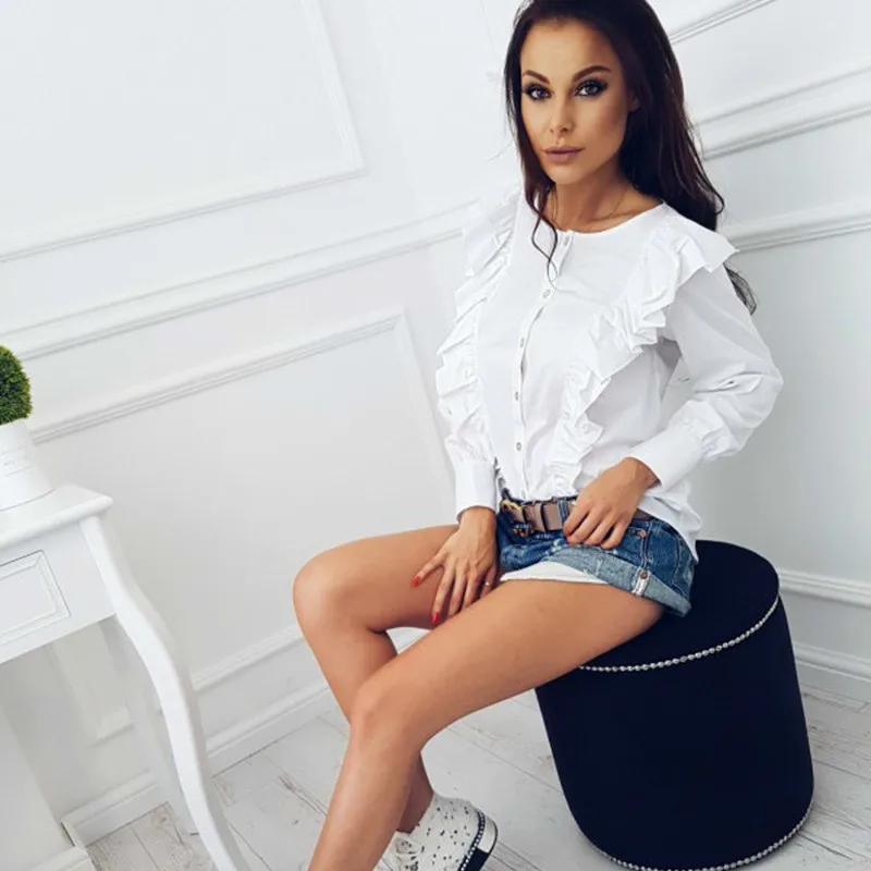 Офисные женские рубашки элегантные с длинным рукавом и круглым вырезом