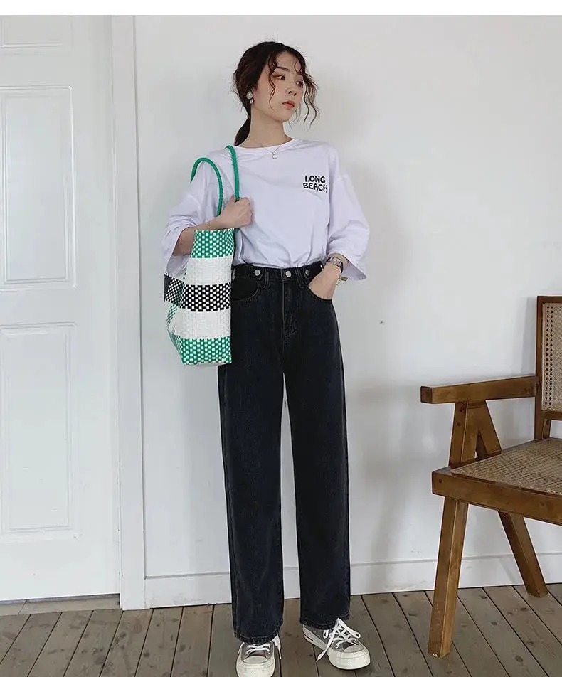 

Women Jeans Simple Adjustable Waist Wide Leg Denim Trousers Female Loose Casual All-match Daily Ins Chic Korean Style Streetwear