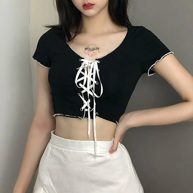 

2020 summer new ear edge V-neck lace up design Short Sleeve T-shirt for women