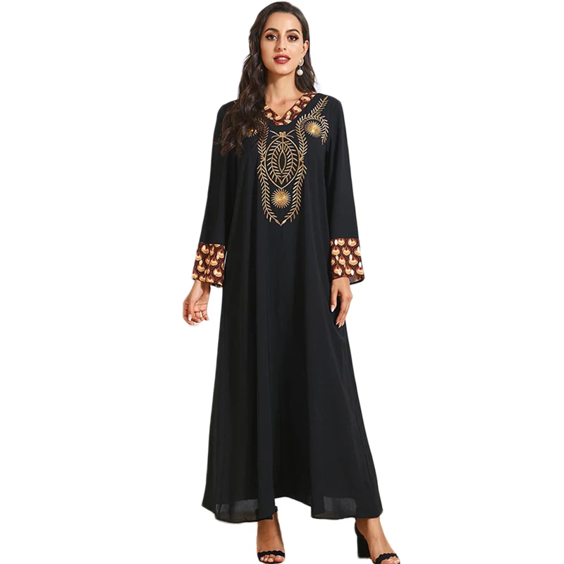 Дубай мусульманские женщины вышивка длинное платье размера плюс исламский Макси халат Рамадан этнический Винтаж Средний Восток v-образным ...