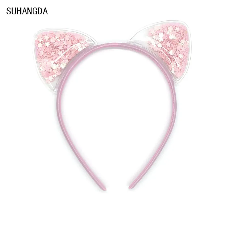 Pink New Girls Cute Colorful Sequin Cat Ears Headbands Children Sweet Cat Ears Hair Band Kids Hair Accessories Scrunchie Christmas - Color: Pink