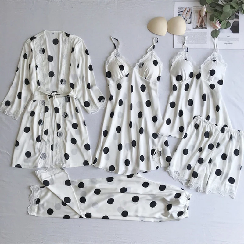

Summer pajamas women ice silk 5-piece sexy suspenders shorts trousers suit wave dot lace home service print sleepwear gown robe