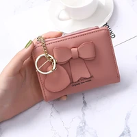 short women wallets bow letter zipper coin purses female solid color keychain hasp small cards holder clutch money clip