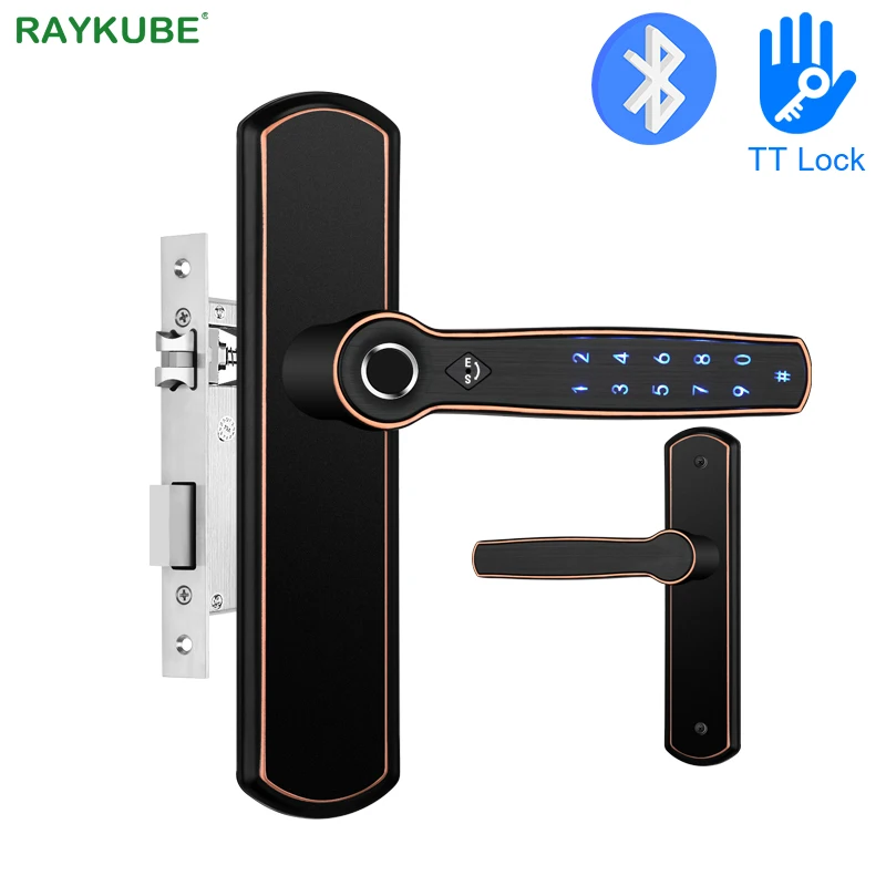 

Дверной замок RAYKUBE со сканером отпечатков пальцев, с Bluetooth, блокировкой TT, с приложением для телефона, с паролем, механический ключ для дома, о...