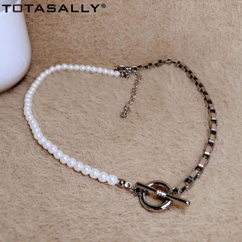 

TOTASALLY Mismatch Collar Necklaces Designer Fashion Metal Box Chain Simulated Pearl Toggle Minimalist Necklace Jewlery Dropship