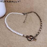 totasally mismatch collar necklaces designer fashion metal box chain simulated pearl toggle minimalist necklace jewlery dropship