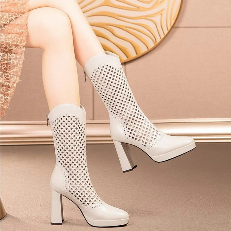 

Кожаные босоножки 2021, женские осенние босоножки на высоком каблуке, с круглым носком, с вырезами, на молнии сзади, черные, бежевые, Прямая пос...