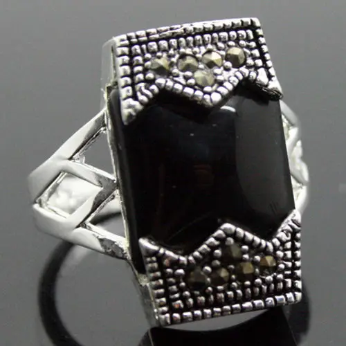 wholesale good 24*13mm 925 SILVER BELT NATURAL OBLONG BLACK AGATE MARCASITE RING SIZE 7/8/9/10 Fine man's jewelry Genuine Wedd |