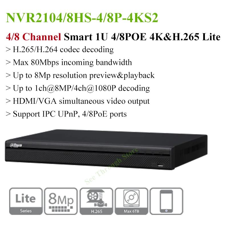 Dahua Multi-language NVR2104HS-P-4KS2 NVR2108HS-8P-4KS2 4/8CH 4/8POE HD 8MP 1SATA H.265 CCTV Network video Recorder ONVIF | Безопасность