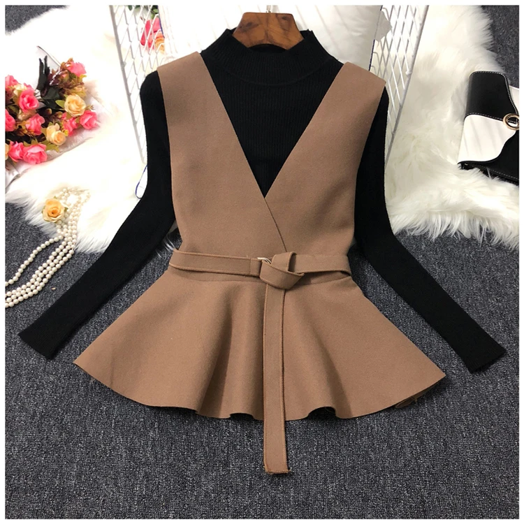 ALPHALMODA осень НОВАЯ Трикотажная нижняя рубашка+ жилет модный костюм из двух частей женский жилет с v-образным вырезом и поясом+ свитер с длинными рукавами