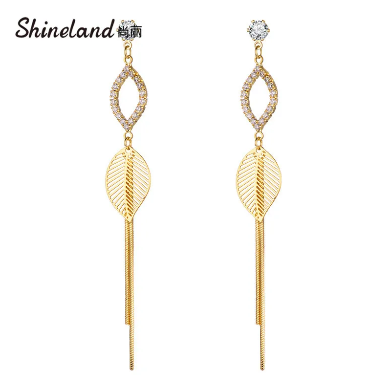 

Shineland Exquisite Long Leaf Hanging Dangle Earrings Exaggerated Fashion Tassel Snake Chain Geometric Earring for Women Girl