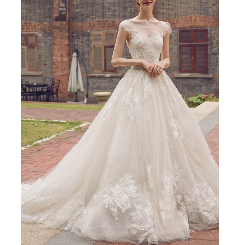 

Женское свадебное платье со шлейфом, простое кружевное платье с аппликацией и открытой спиной, модель невесты по индивидуальному заказу