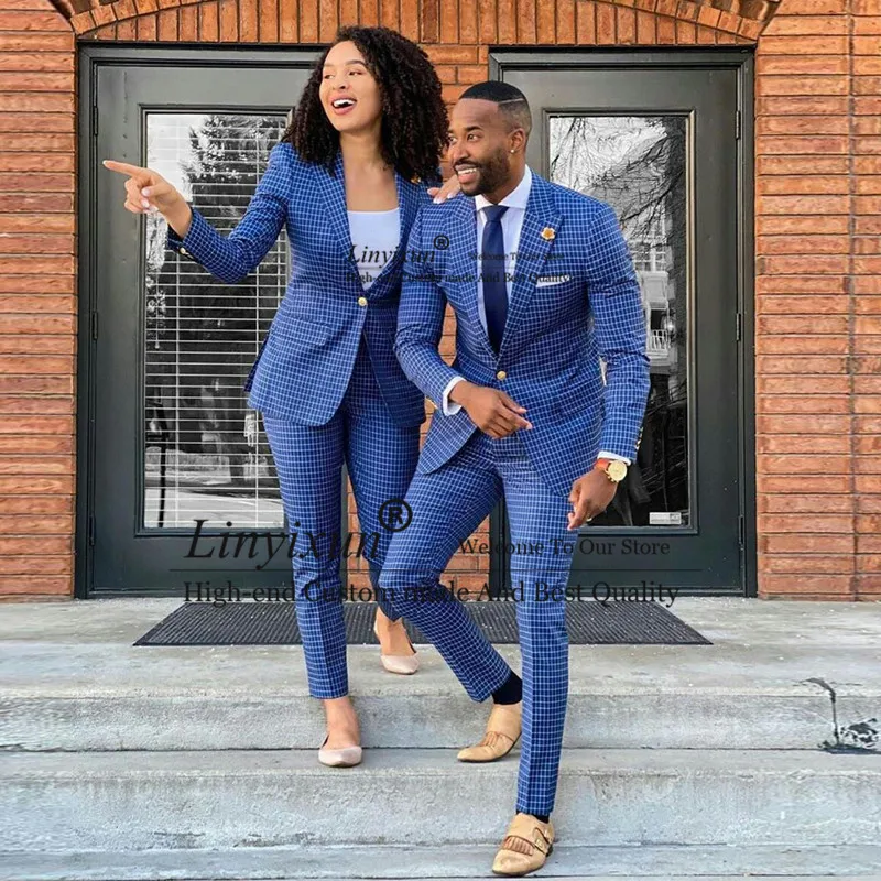 Blue Plaid Slim Fit Mens Suit &Suit Women Shawl Lapel Groom Weddin Tuxedos 2 Pieces Jacket Pants Sets Fashion Tailleur Femme