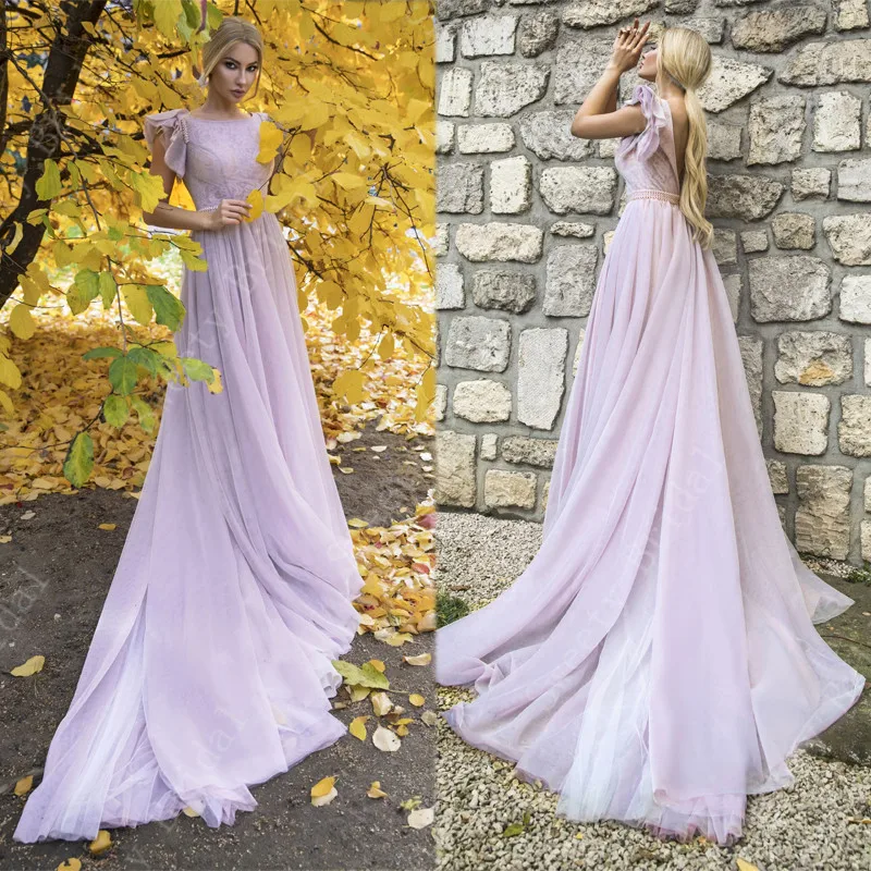 

Lilac Chiffon Boho Wedding Dresses 2021 A Line Lace Sleeveless Beach Bridal Gowns Vestido De Noiva Sweep Train Open Back