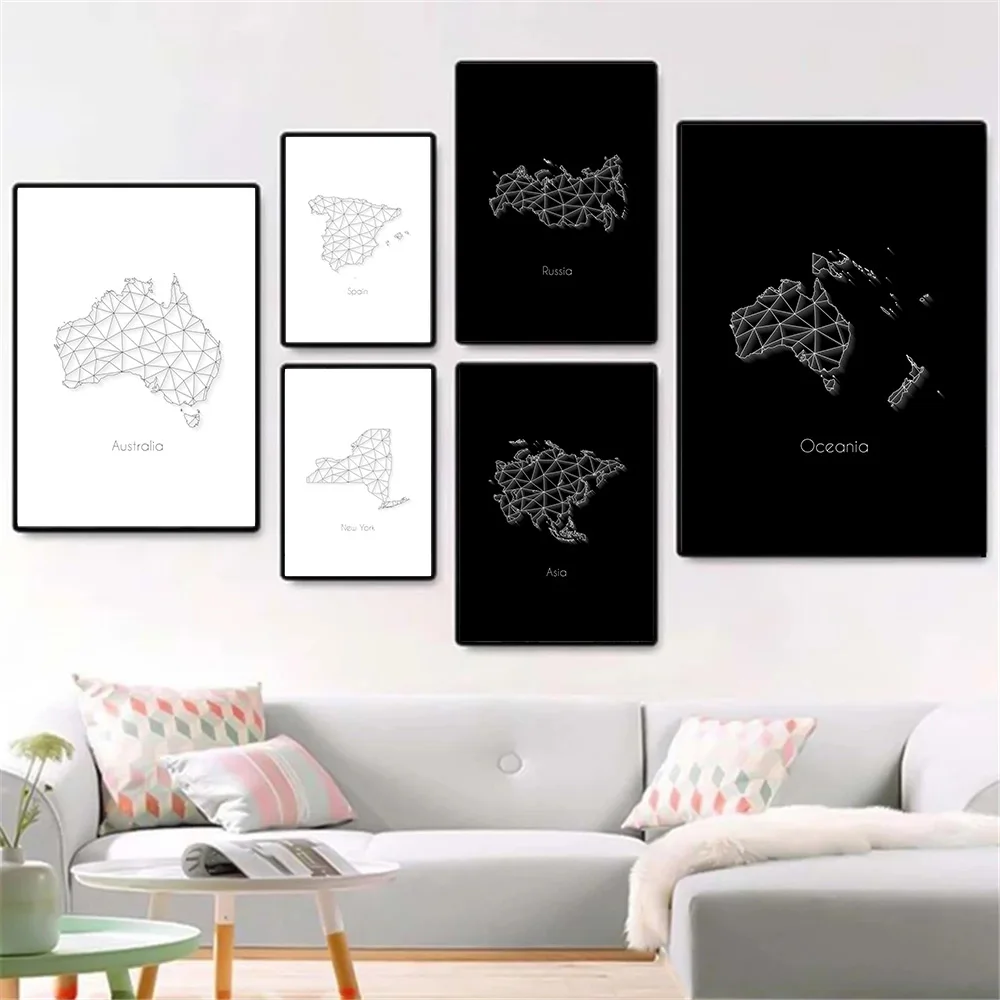 

Abstract World Map Geometric Line Wall Art Posters And Prints Black White Canvas Painting Nordic Pictures For Living Room Decor